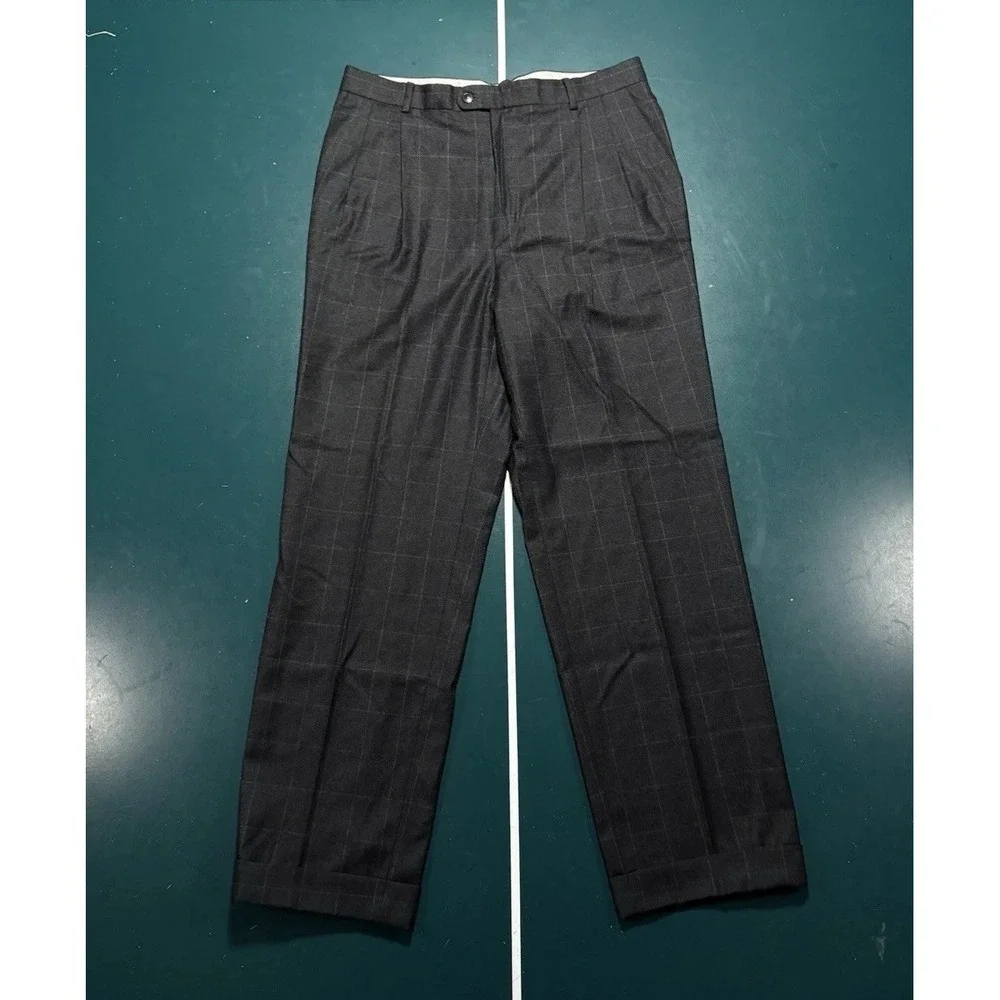 Zanella Wool Dress Pants Men's 34x30 Black‎ Window Pane Pleated Cuffed Trousers